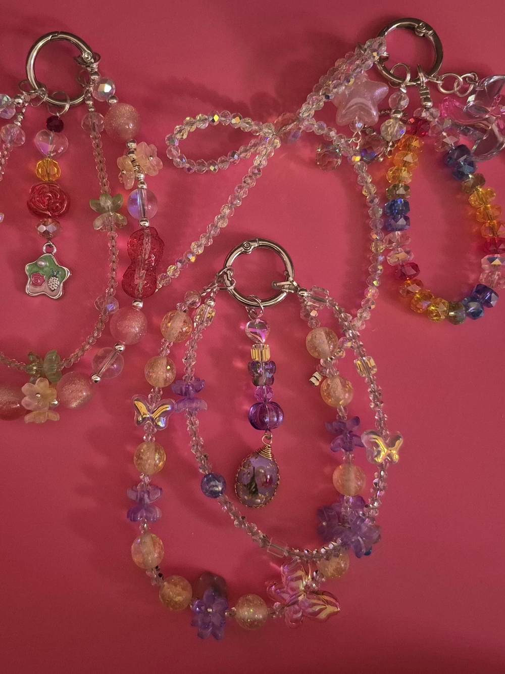 Three Handmade Pink & Purple Beaded Charm Phone Chains - Women Accessories